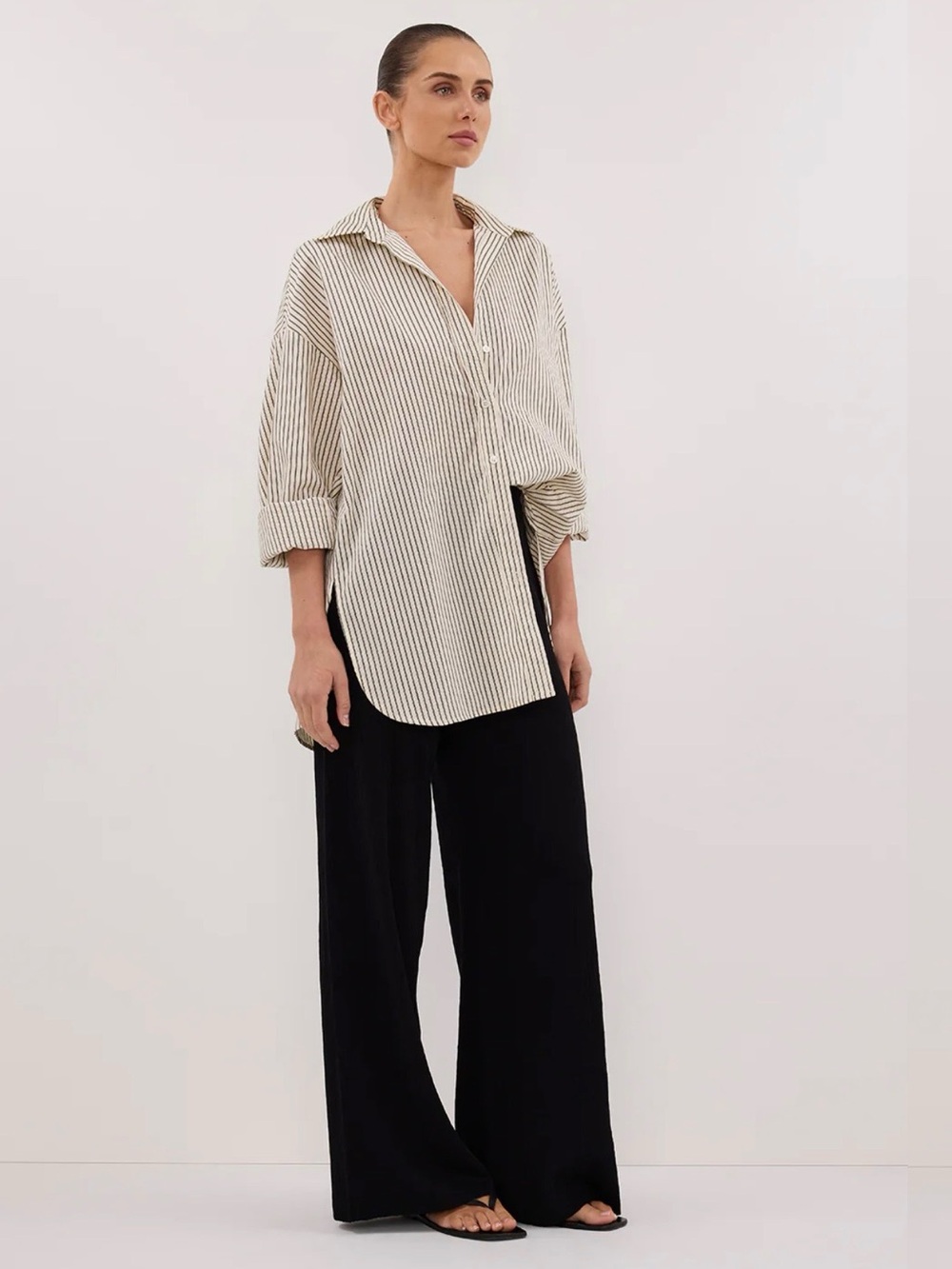 DISSH Palma Cream Oversized Button-Up Shirt with Black Pinstripes - Picture 2 of 11